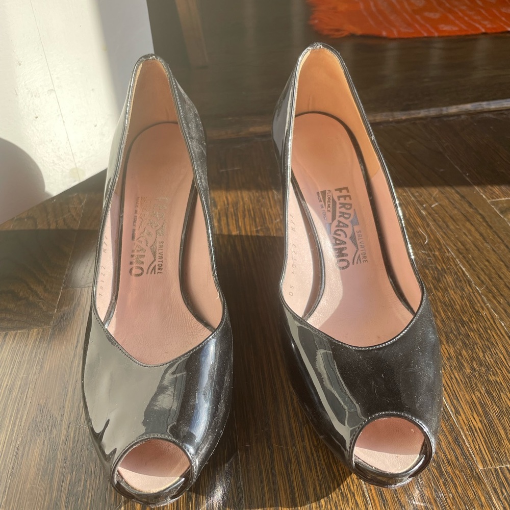 Salvatore Ferragamo patent leather peep toe wedge heels. Size 7.5